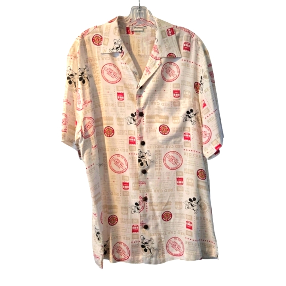 Disney Parks Red Car Trolley Mickey Mouse Adventure Button Up Camp Shirt, M